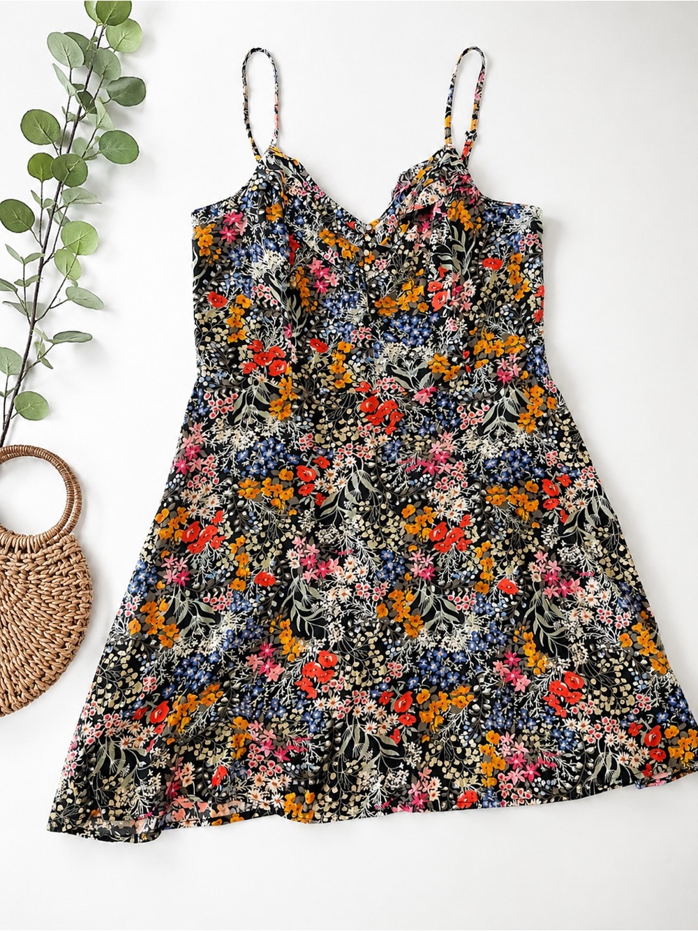 Dynamite Floral Mini Dress Size L Black Multicolour Spaghetti Strap Flowy Boho